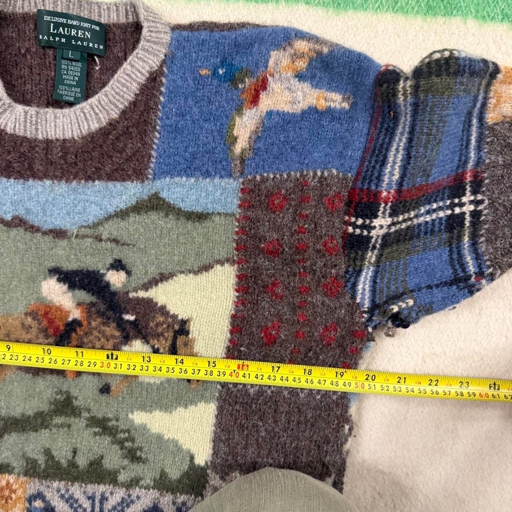 Vintage Lauren Ralph Lauren Equestrian Patchwork Wool Sweater L FLAW 90s - Picture 4 of 5